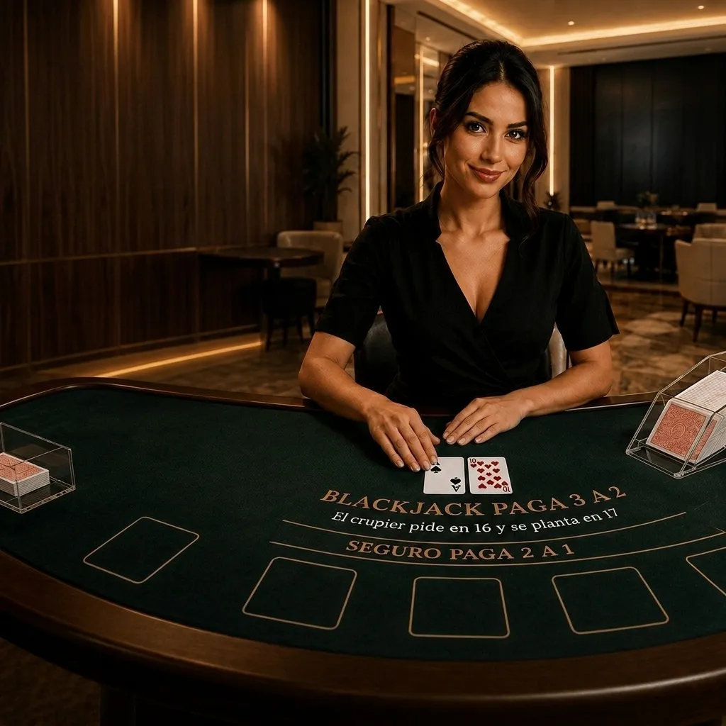 Mesa de blackjack semicircular con tapete verde y canto de madera oscura, con la crupier repartiendo y la zapatilla de cartas a un lado